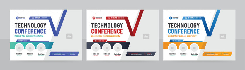 Horizontal technology conference flyer design or  technology conference social media banner layout.