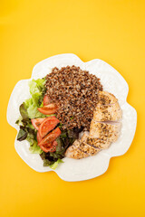 Baked turkey with vegetable fresh salad on plate