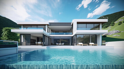 Luxurious villa with swimming pool in a modern minimalist style. Generative AI