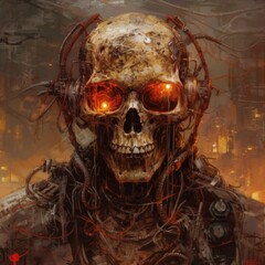 Terrifying industrial steampunk skeleton soldier of wires and chains with burning red eyes skull, soulless monstrosity designed for death and decay. No mercy, only fear and evil horror - generative AI