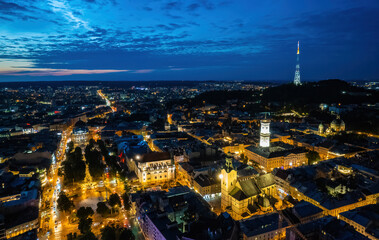 panoramic view on sunset above old european city.