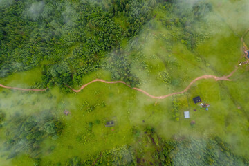 top down view of Mountain Village in Carpathians in Summer day
