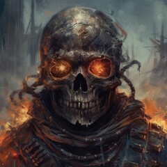 Terrifying industrial steampunk skeleton soldier of wires and chains with burning red eyes skull, soulless monstrosity designed for death and decay. No mercy, only fear and evil horror - generative AI