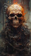 Terrifying industrial steampunk skeleton soldier of wires and chains with black void eyes, soulless monstrosity designed for death and decay. No mercy, only fear and evil horror - generative AI