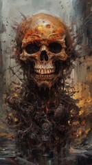 Pagan worship effigy to ward of disease, evil and death, macabre warning of danger and horror past this point, ritual burning flames consumes the giant skeleton skull - generative AI