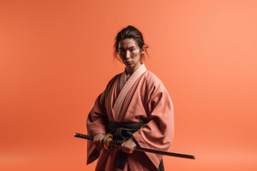 Black Belt Warriors: Woman in Kimono and Black Belt on Pastel Salmon Red Background with Space for Text. Martial Arts Discipline Concept AI Generative