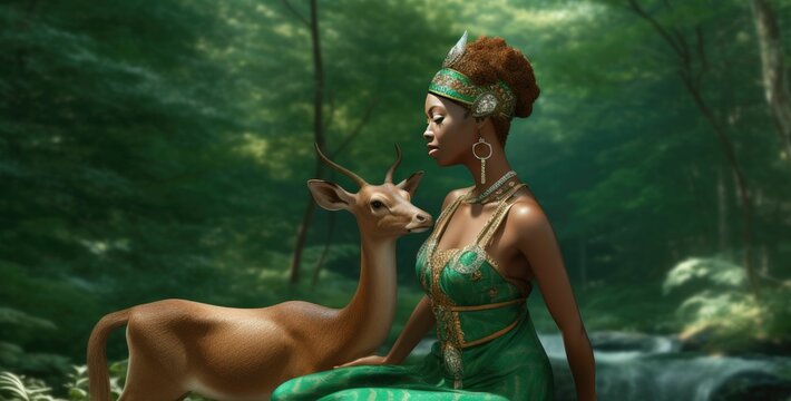 Black Artemis or Diana in green dress with deer, Greek / roman godess of hunt, moon and women, created with generative ai