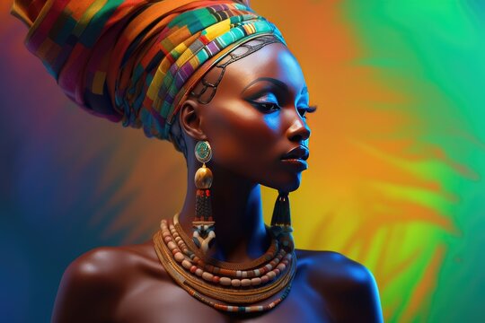  African godess on brightly colored background, created with generative ai