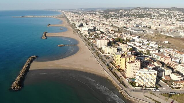 Aerial photo of Mediterranean seashore and pocket beaches in Cunit, province of Tarragona, Spain.