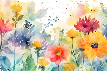 Obraz na płótnie Canvas Watercolor field with summer flowers. Generative AI