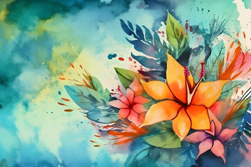 Watercolor summer floral illustration with bright flowers and space for text. Generative AI