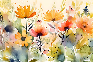Watercolor summer flowers background. Generative AI