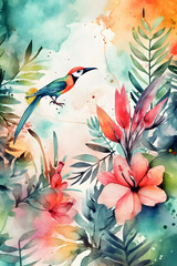 Watercolor summer flowers and colorful bird. Generative AI