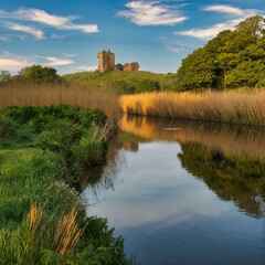 Castle at Lunan Bay, Scotland, under golden light on a beautiful morning