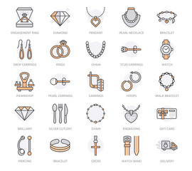 Jewelry flat line icons, jewellery store signs. Jewels accessories - gold engagement rings, gem earrings, silver chain, engraving necklaces, brilliants, pawnshop. Orange color. Editable Stroke
