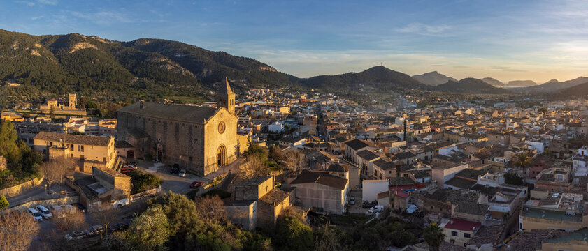 Santa Maria church and Andratx town, aerial view at sunset, Majorca, Balearic Islands, Spain