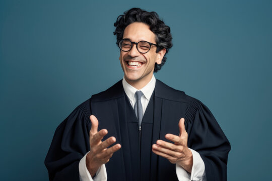 Law and Order: Judge with confident smile and hand gestures on isolated pigeon blue background with space for text. Copy space. Justice and Legal concept AI Generative