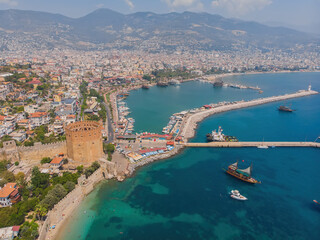 Kizil Kule or Red Tower and port aerial panoramic view in Alanya city, Antalya Province on the southern coast of Turkey