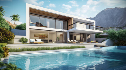 Luxurious villa with swimming pool in a modern minimalist style. Generative AI - obrazy, fototapety, plakaty