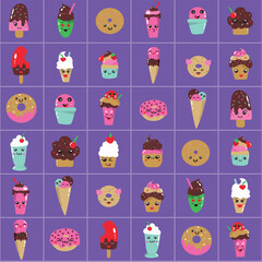 Purple Kawaii sweets seamless pattern. Kawaii ice cream, cupcakes, milkshakes, and donuts.