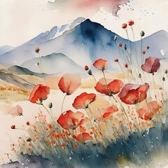 Scarlet poppies in a field against a mountain backdrop, watercolour