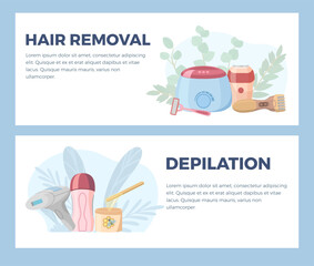 Hair removal and depilation services banners set, flat vector illustration.