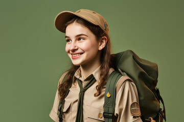 Prepared for Adventure: Happy scout with backpack isolated on army green background with space for text. Copy space. Scouting and Travel concept AI Generative - obrazy, fototapety, plakaty