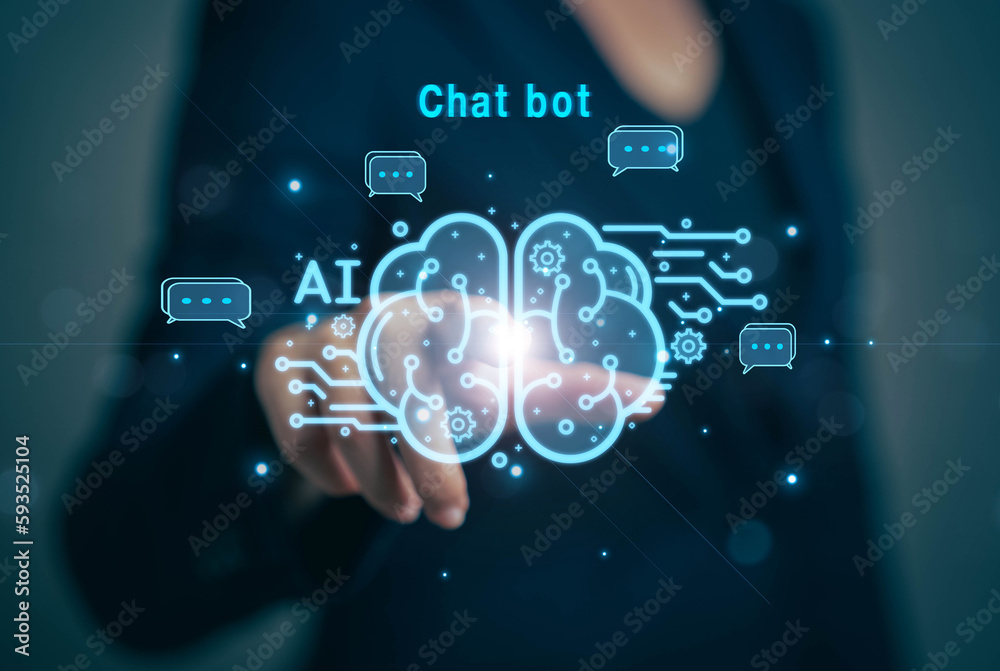 Poster Chatbot chat with AI. Artificial intelligence. The concept of accessing imagination by feeding commands to Ai to create what is in our mind with futuristic technology through the Internet.