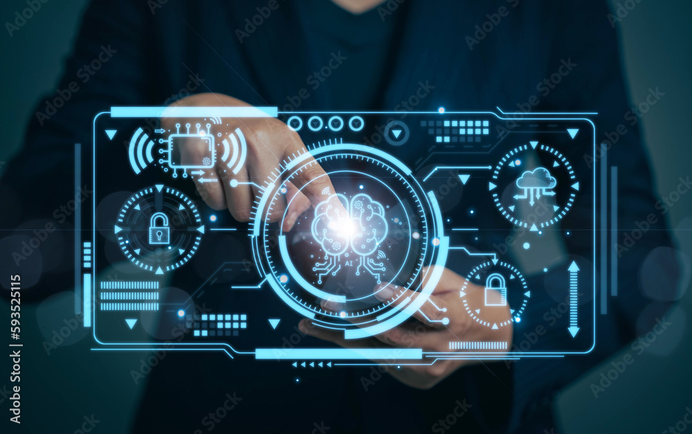 Poster Chatbot chat with AI. Artificial intelligence. The concept of accessing imagination by feeding commands to Ai to create what is in our mind with futuristic technology through the Internet.