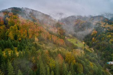 Fog spreads over the mountains at dawn. The sun rises on the horizon. Carpathians in the morning. Aerial drone view.