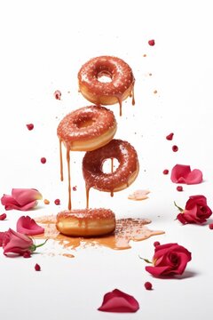 Donuts che cadono dall'alto con sciroppo, caramello, e petali di rosa, su sfondo bianco, alta risoluzione. 