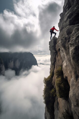 Scaling the Majestic Heights: A Climber's Adventure amidst Towering Clouds and Mountains"