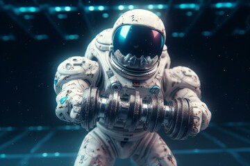 Fototapeta na wymiar An adorable astronaut doing a dumbbell press in space. Generative AI