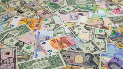 World currency banknote, economic crisis, inflation. banknotes of different denominations in dollars. Banking, international stock market.