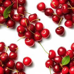 Juicy and Ripe Cherry tile pattern. Top view of freshly picked red cherry on a white background. Copy space. Fruit concept AI Generative