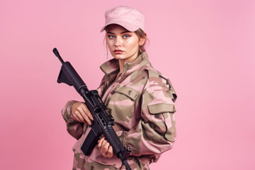 Female Camouflaged Soldier. Troop member in camouflage uniform holding a gun on a pastel pink background. Copy space. Military concept AI Generative