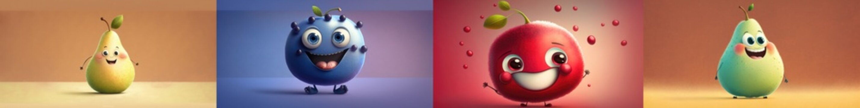 Naklejki Happy smiling fruits cartoon characters package set, funny cute berries mix stickers personages icons trendy pack collection on color background, healthy organic diet food concept. AI generative.