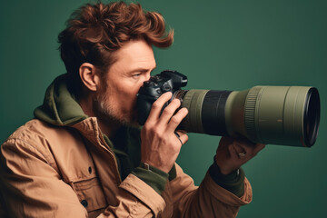 Professional Wildlife Photography. Skilled photographer capturing a moment in nature with a telephoto lens on a pastel background. Copy space. Photography concept AI Generative