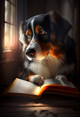 An old dog with glasses reads a book in a cozy warm room. AI Generated