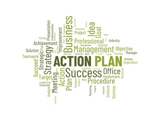 Word cloud background concept for Action Plan. Business idea solution strategy implement concept. vector illustration.