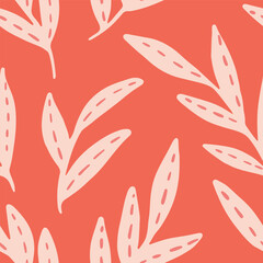 Solid leaf branches with cute dotted veins forming a one directional pattern in a colour palette of off white, pink on coral background. Great for home decor, fabric, wallpaper, gift wrap, stationery.