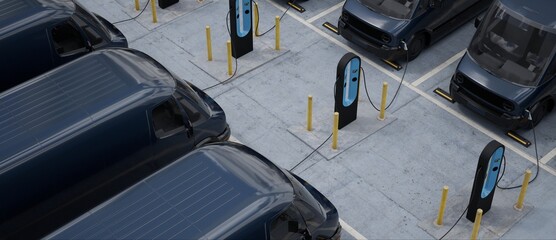 Overhead shot of electric EV delivery vans are being charged in company parking garage
