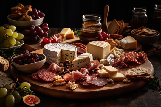 Tagliere di salumi e formaggi, tipico italiano, piatto tipico italiano, con miele, con salame, con affettati, tagliere di legno, con frutta e marmellate, con gorgonzola, toma, con fichi, con pane.