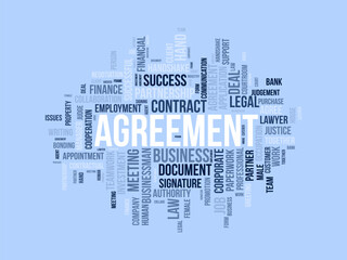 Obraz premium Word cloud background concept for Agreement. Corporate contract document, legal business collaboration of financial right. vector illustration.