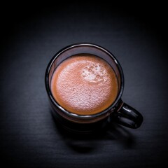 Top view of a cup of espresso coffee on a gray surface