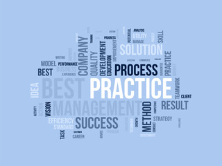 Word cloud background concept for Best Practice. Quality improvement with development idea strategic result. vector illustration.