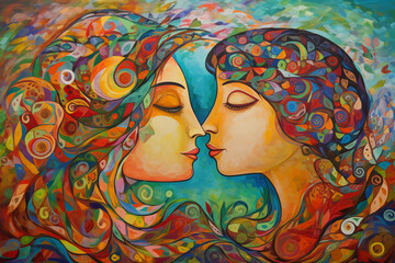Summer Love: An Abstract Painting of Two Women Embracing in Warm Orange Hues