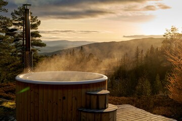 Wooden hot tub with scenic view to the valley in evening backlight - obrazy, fototapety, plakaty