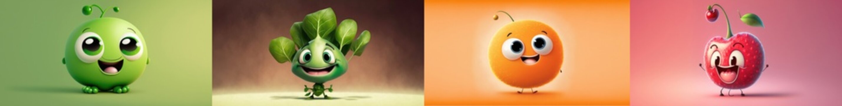 Naklejki Happy smiling fruits cartoon characters package set, funny cute vegetables mix stickers personages icons trendy pack collection on color background, healthy organic diet food concept. AI generative.