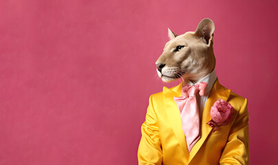 Elegant panter wearing colorful clothes on a pink background. Generative AI